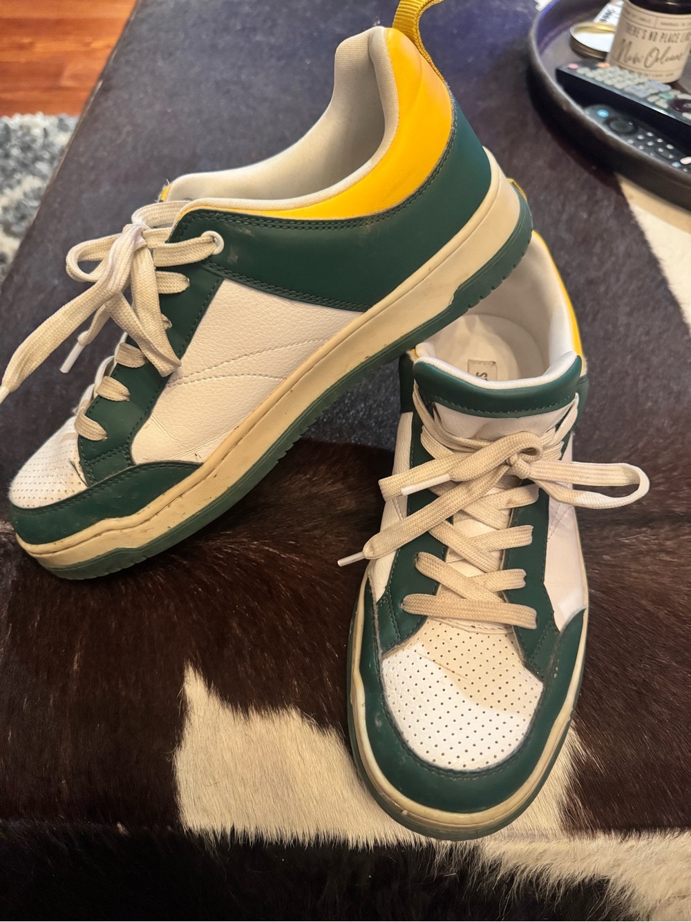 Women's White and Green Low-Top Sneakers with Yellow Accent